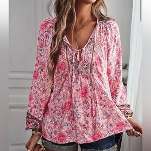 Boho Pink Floral Blouse